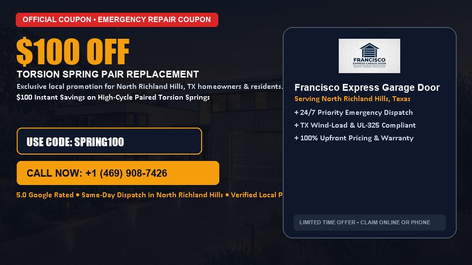 Francisco Express Garage Door $100 OFF Dual Torsion Spring Replacement in North Richland Hills, TX